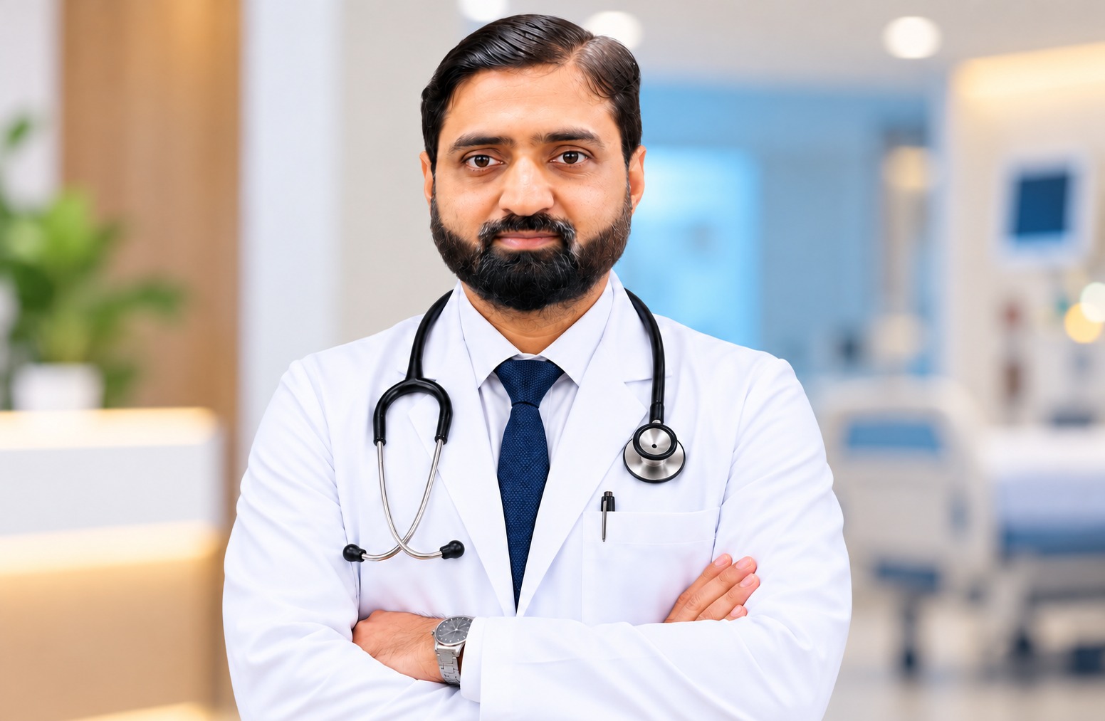 Consultant doctor in a white coat standing in a hospital corridor