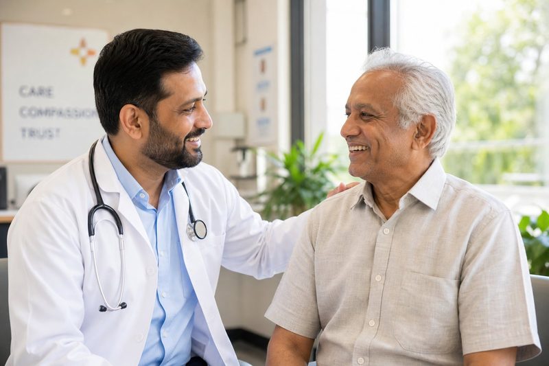 Doctor caring for an elderly patient at Shri Datta Hospital