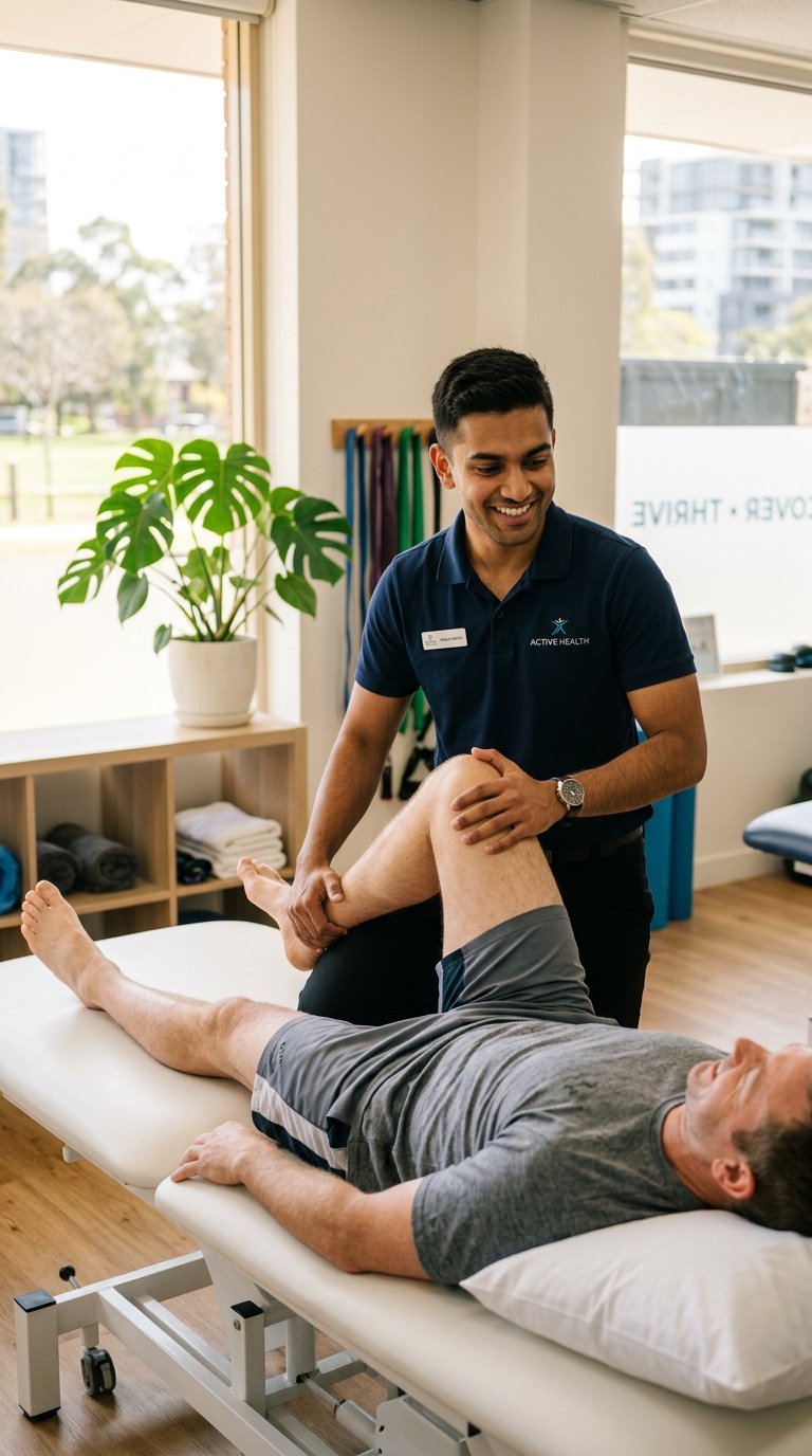 Physiotherapist assisting a patient with a leg stretch