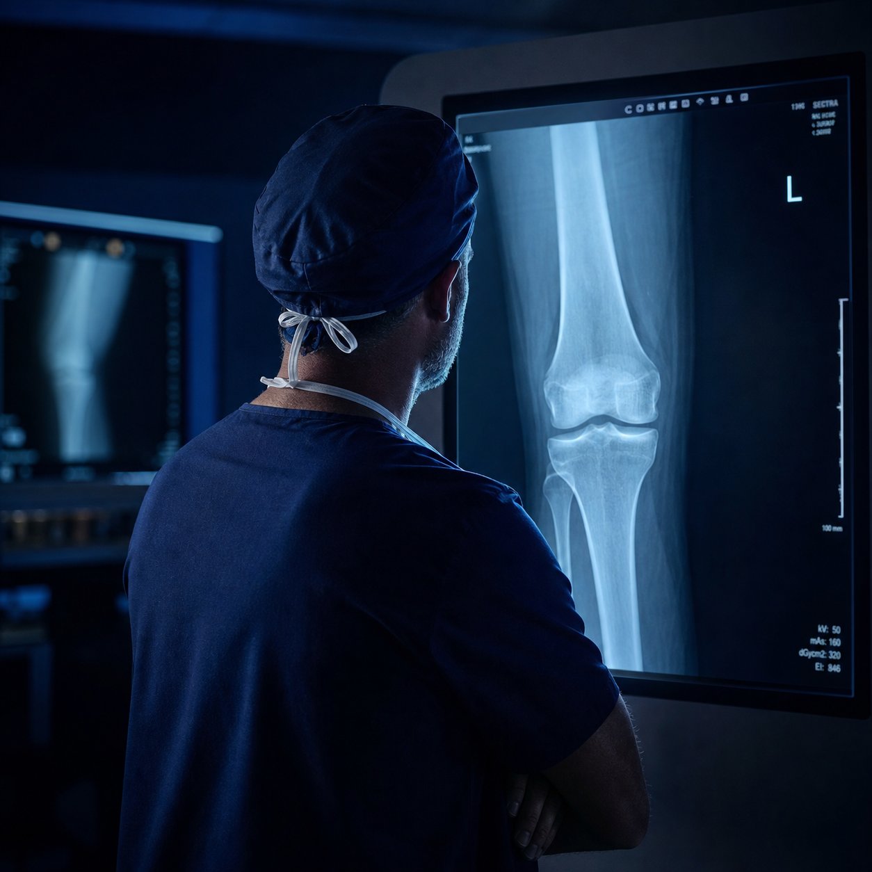 Orthopaedic surgeon reviewing a knee X-ray on a backlit monitor