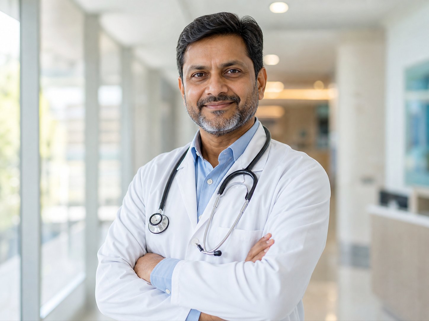 Consultant doctor in a white coat standing in a hospital corridor