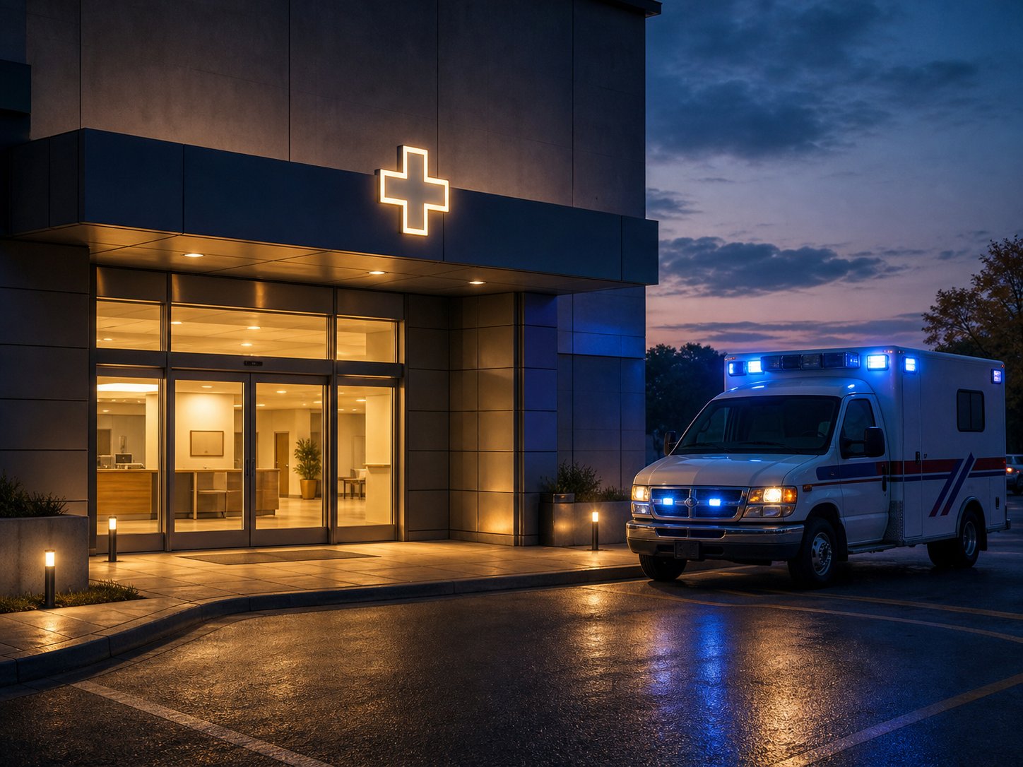 Shri Datta Hospital entrance lit up at night with an ambulance waiting — open 24 hours