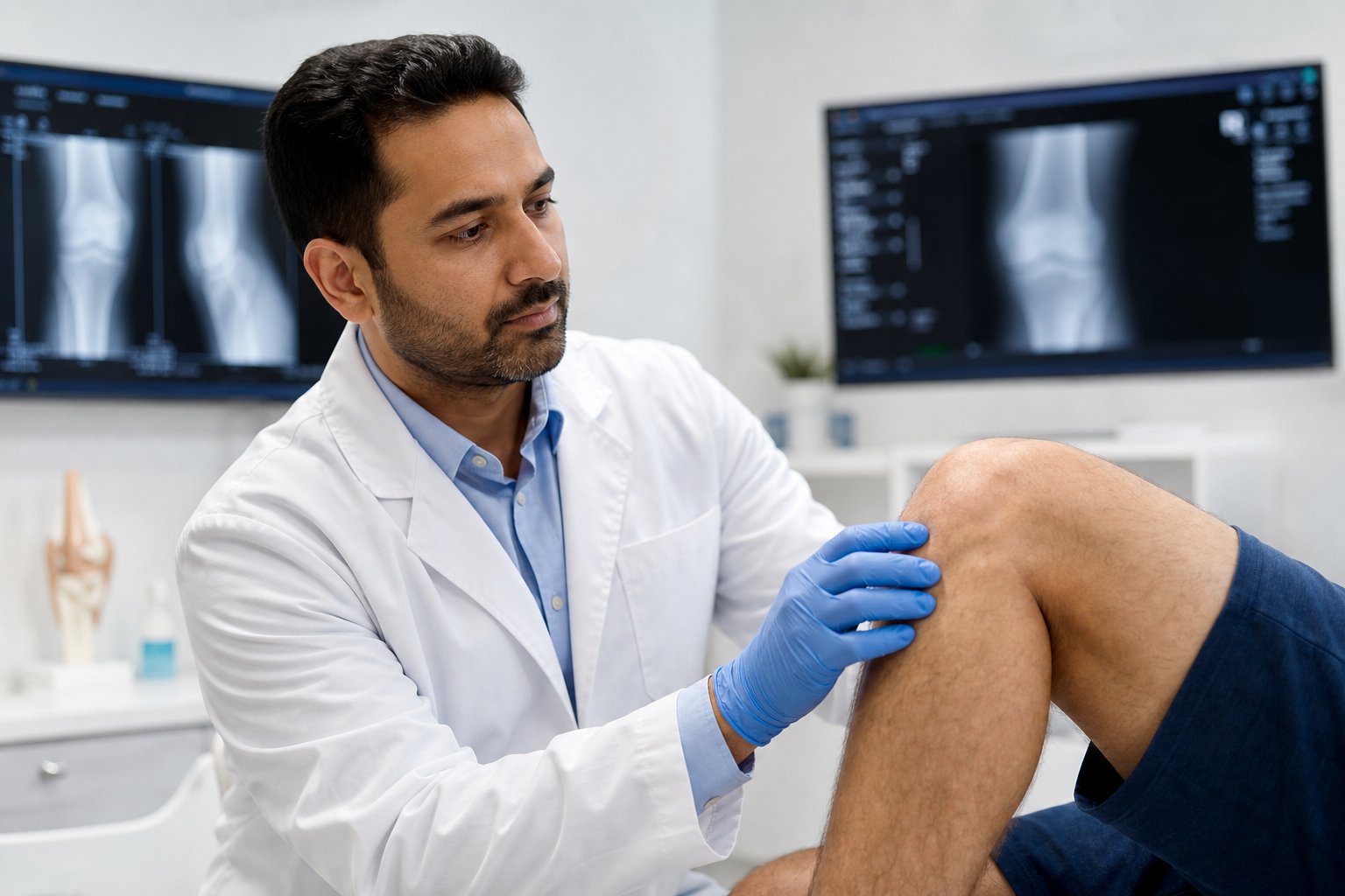 Orthopaedic doctor examining a patient's knee