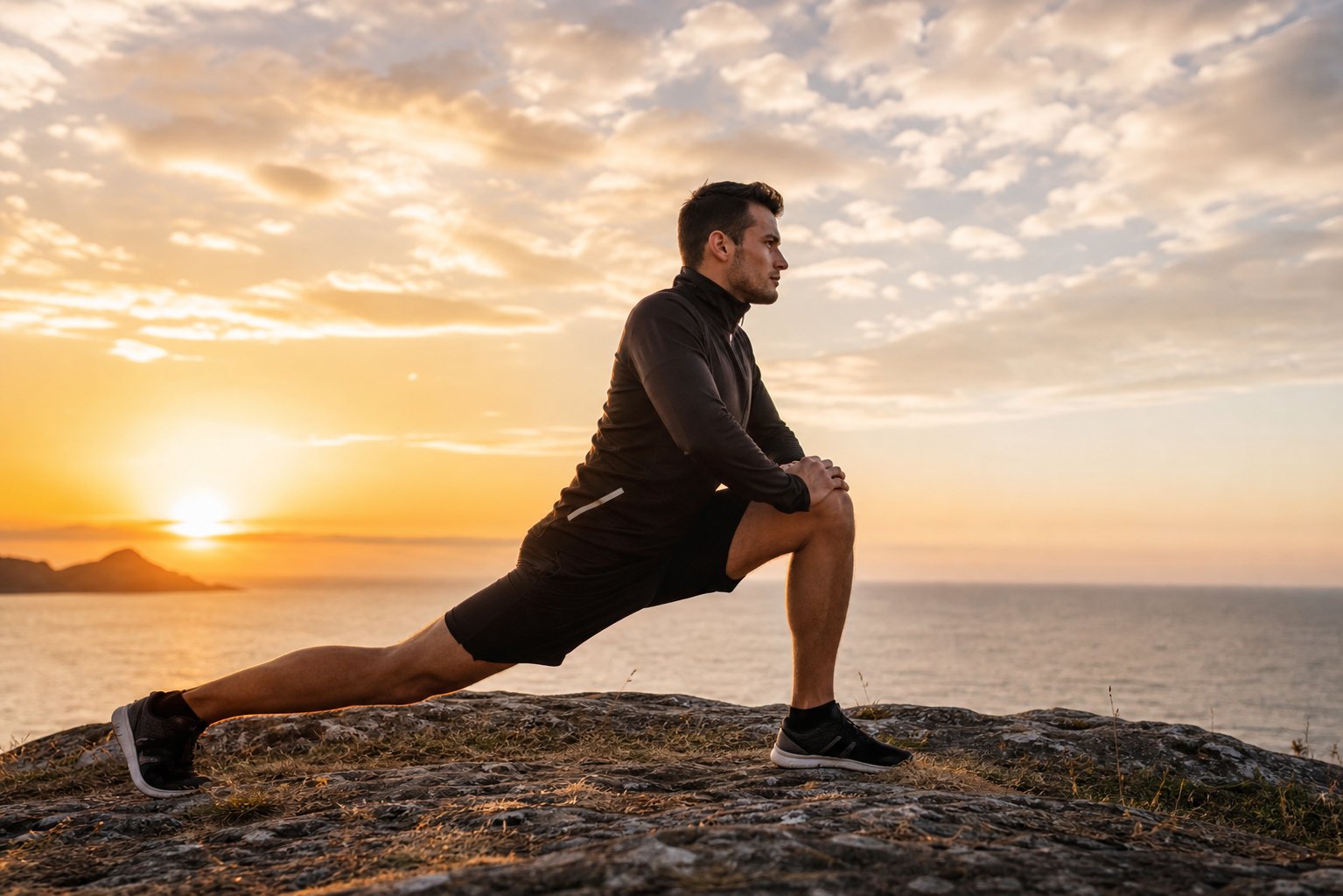 Man doing a lunge stretch at sunrise