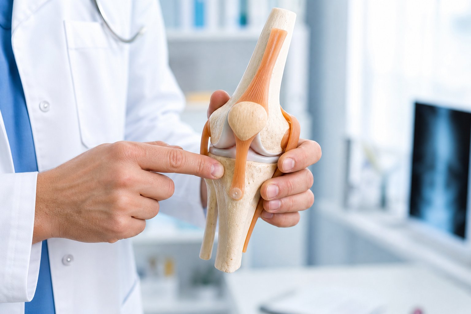 Doctor holding an anatomical knee joint model