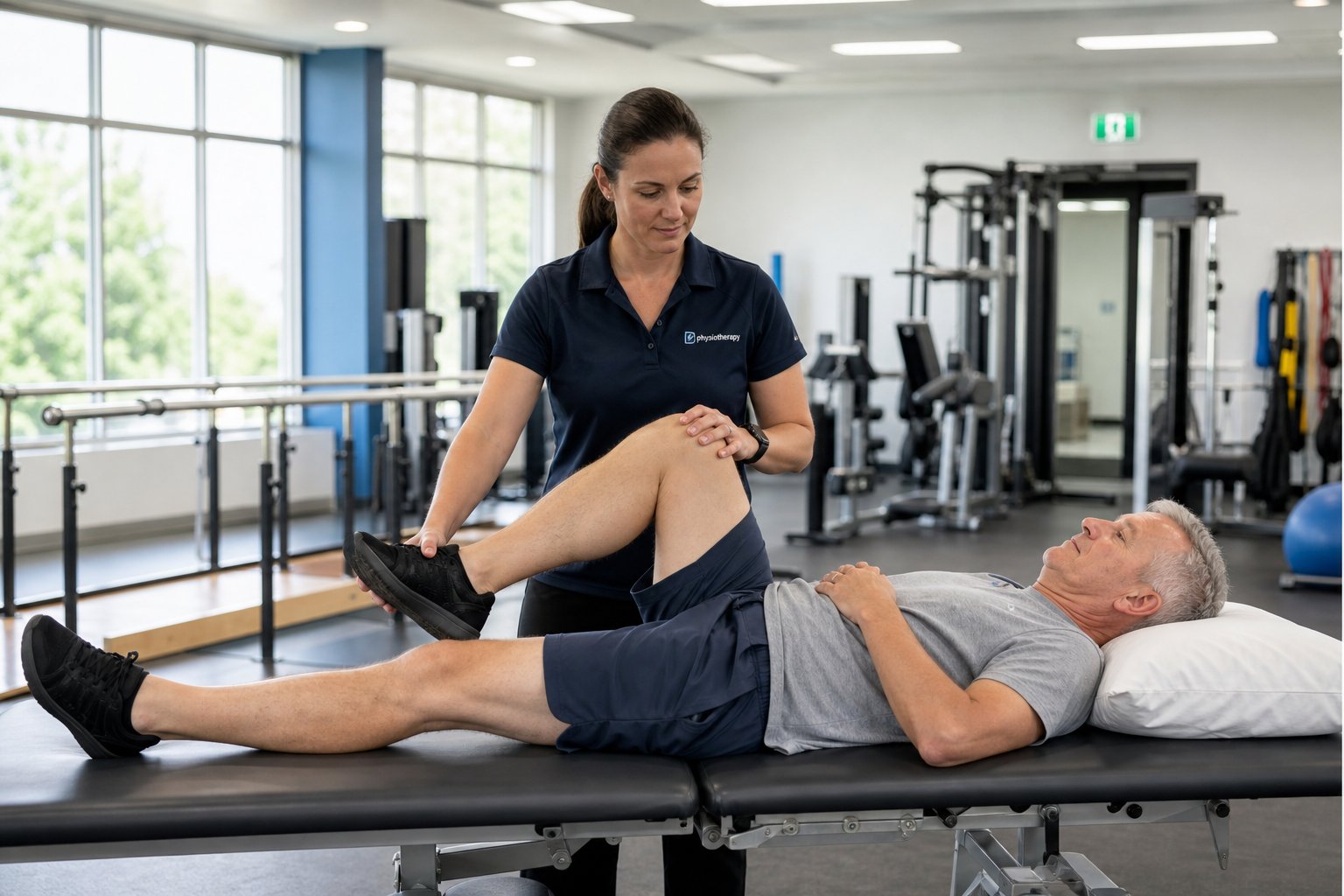 Physiotherapist helping a patient with leg rehabilitation